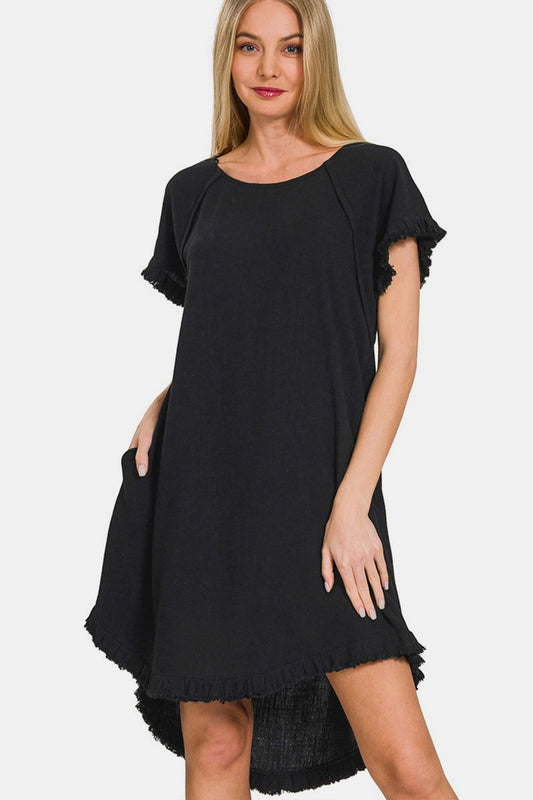 Zenana Fringe Edge High Low Flowy Dress with Pockets