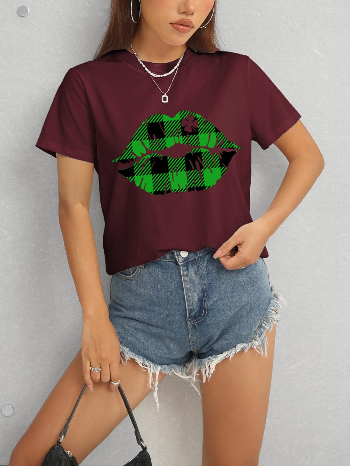 Plaid Lip Graphic Round Neck T-Shirt