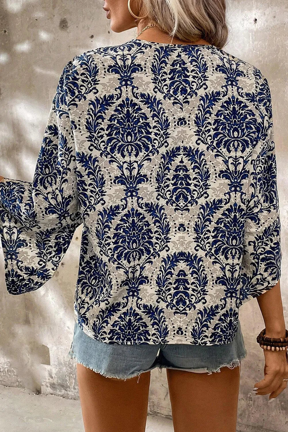 Printed V-Neck Three-Quarter Sleeve Blouse