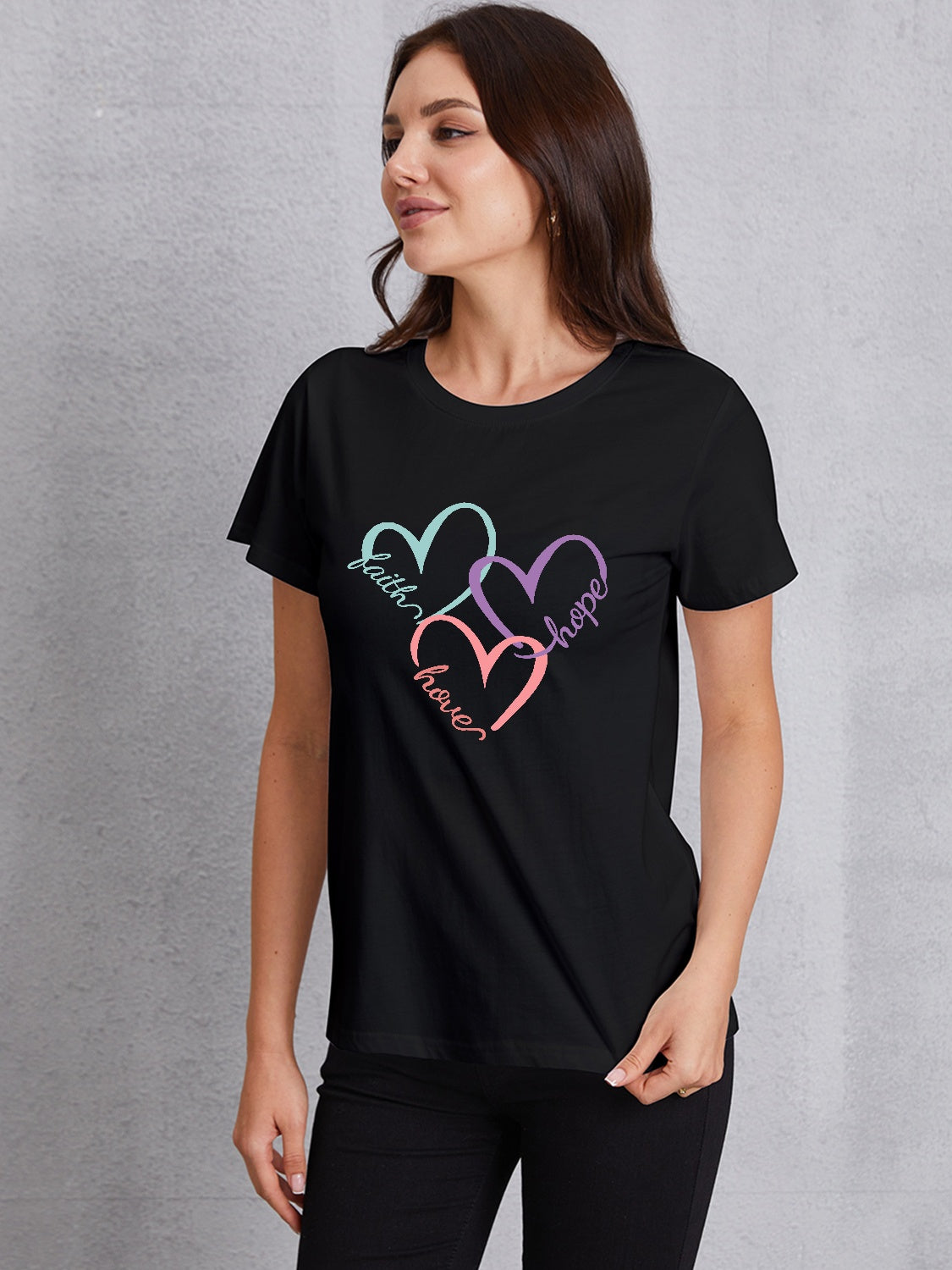 Heart Round Neck Short Sleeve T-Shirt