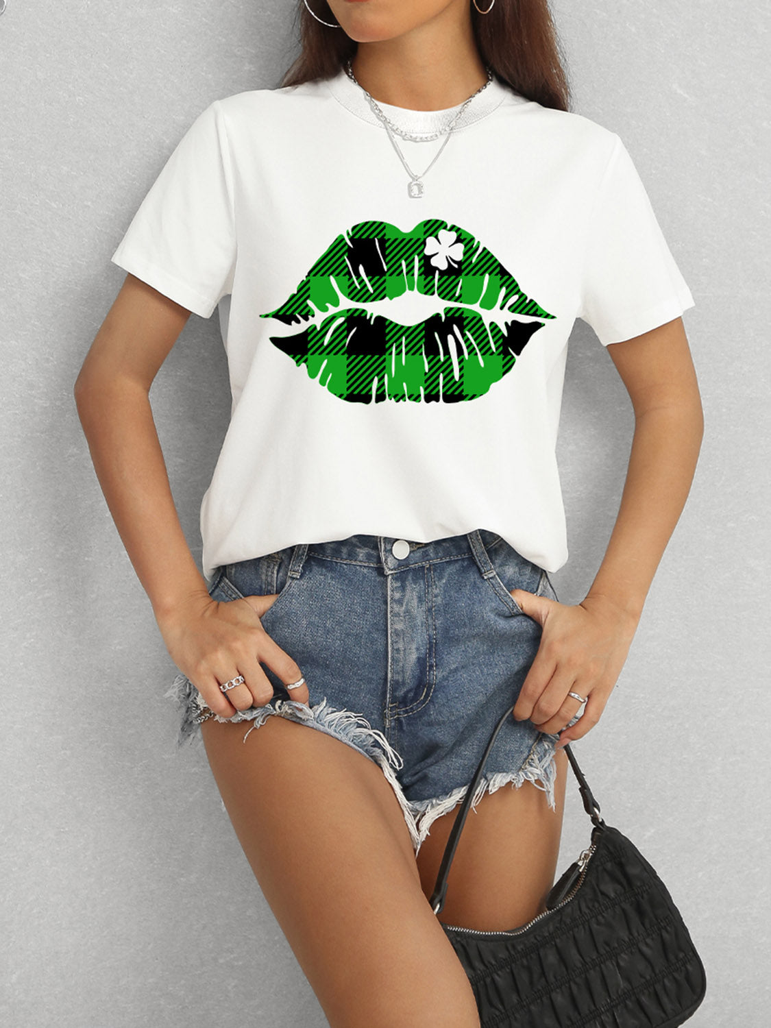 Plaid Lip Graphic Round Neck T-Shirt