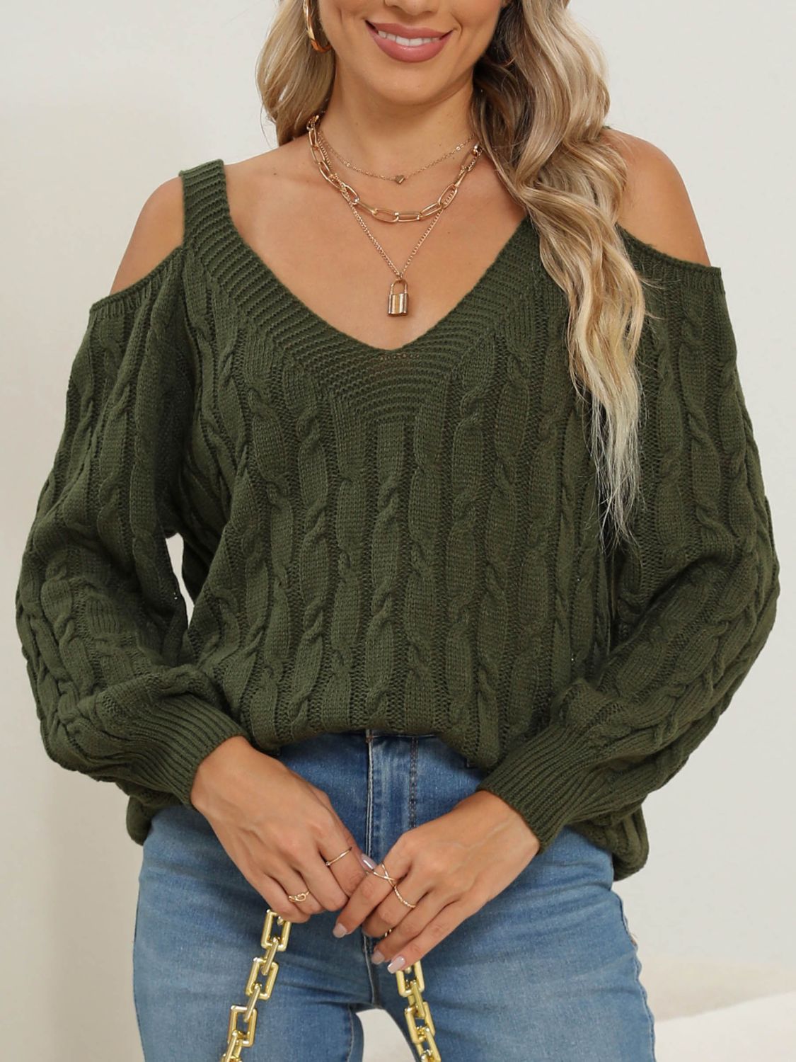 Cable-Knit V-Neck Long Sleeve Sweater