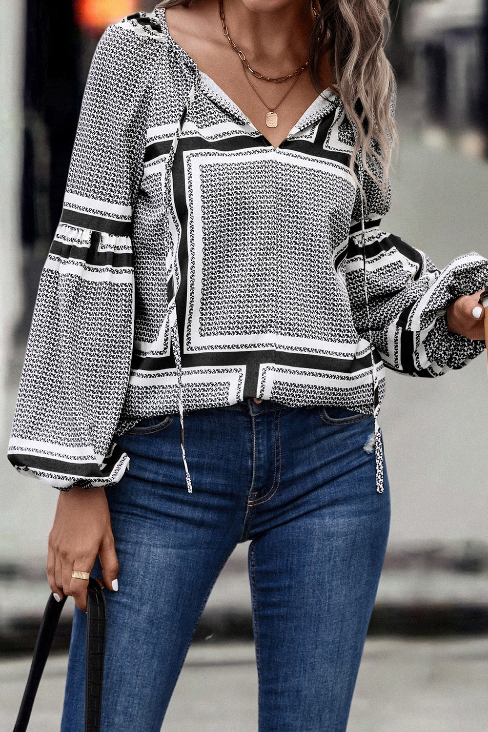 Contrast Printed Tie Neck Balloon Sleeve Blouse