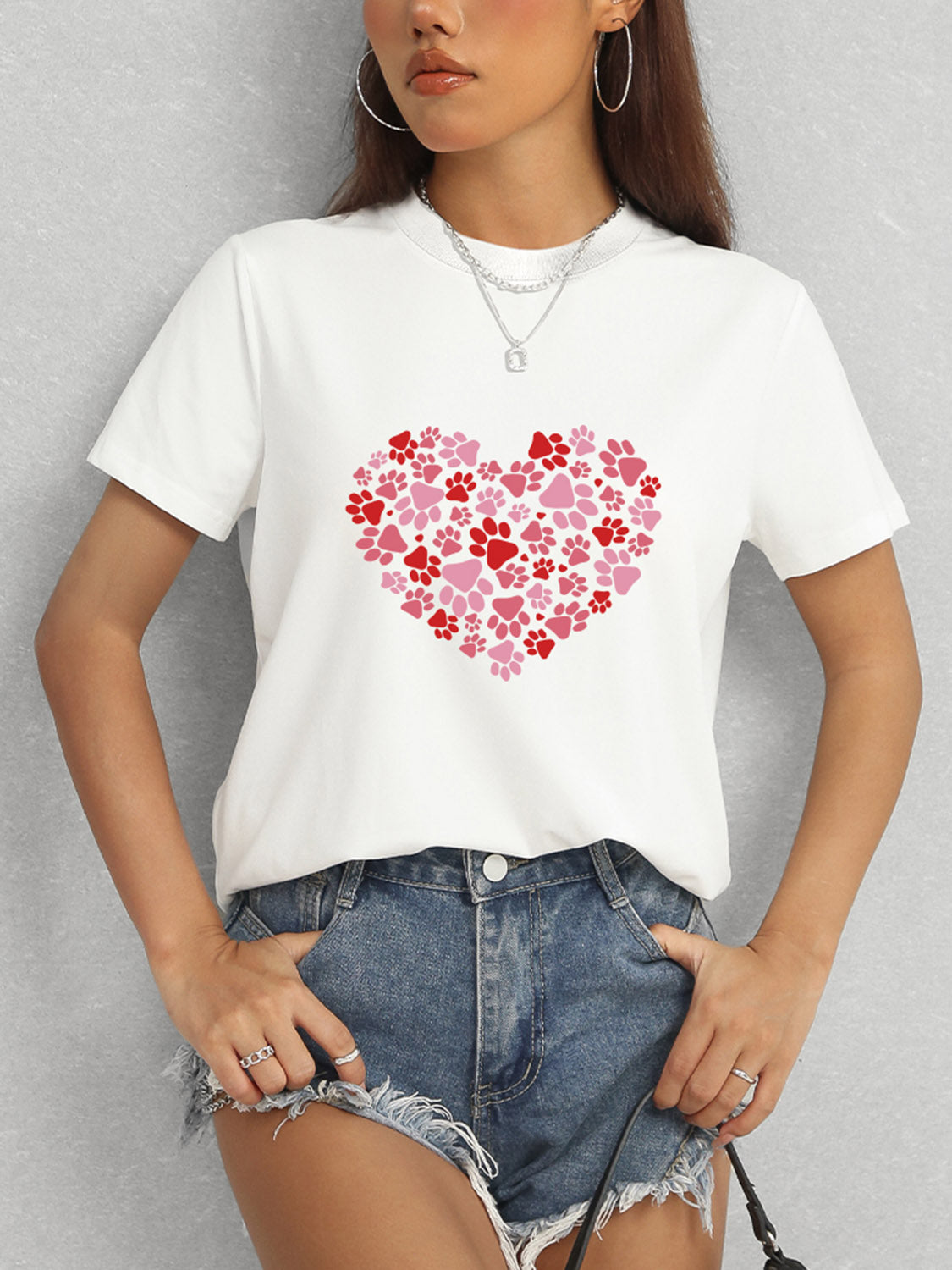 Heart Round Neck Short Sleeve T-Shirt