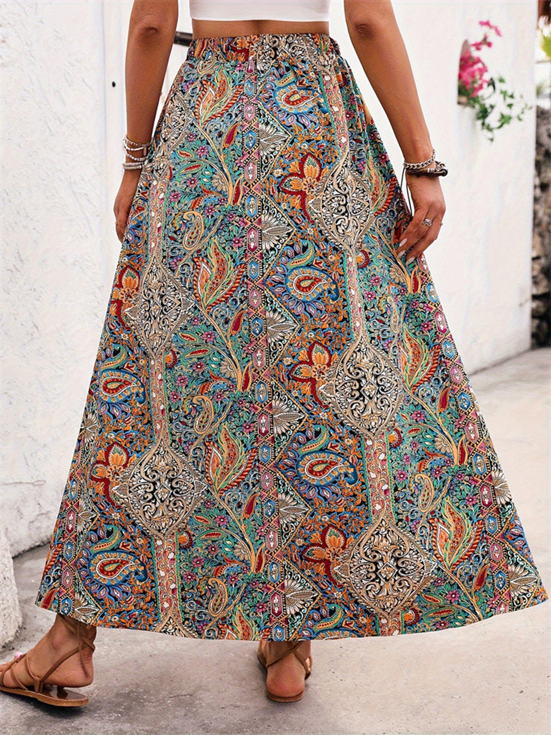 Slit Printed Elastic Waist Skirt