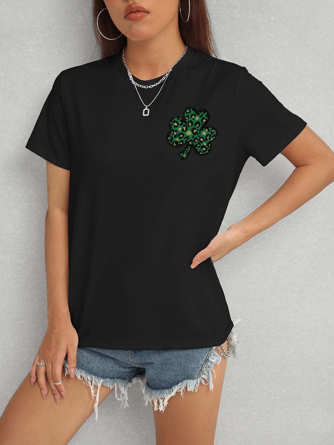 Lucky Clover Round Neck Short Sleeve T-Shirt